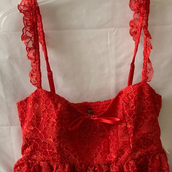 ANTHROPLOGIE Ruffle-Strap Corset Lace Mini Dress in Lipstick Red Sz LARGE - Picture 2 of 8